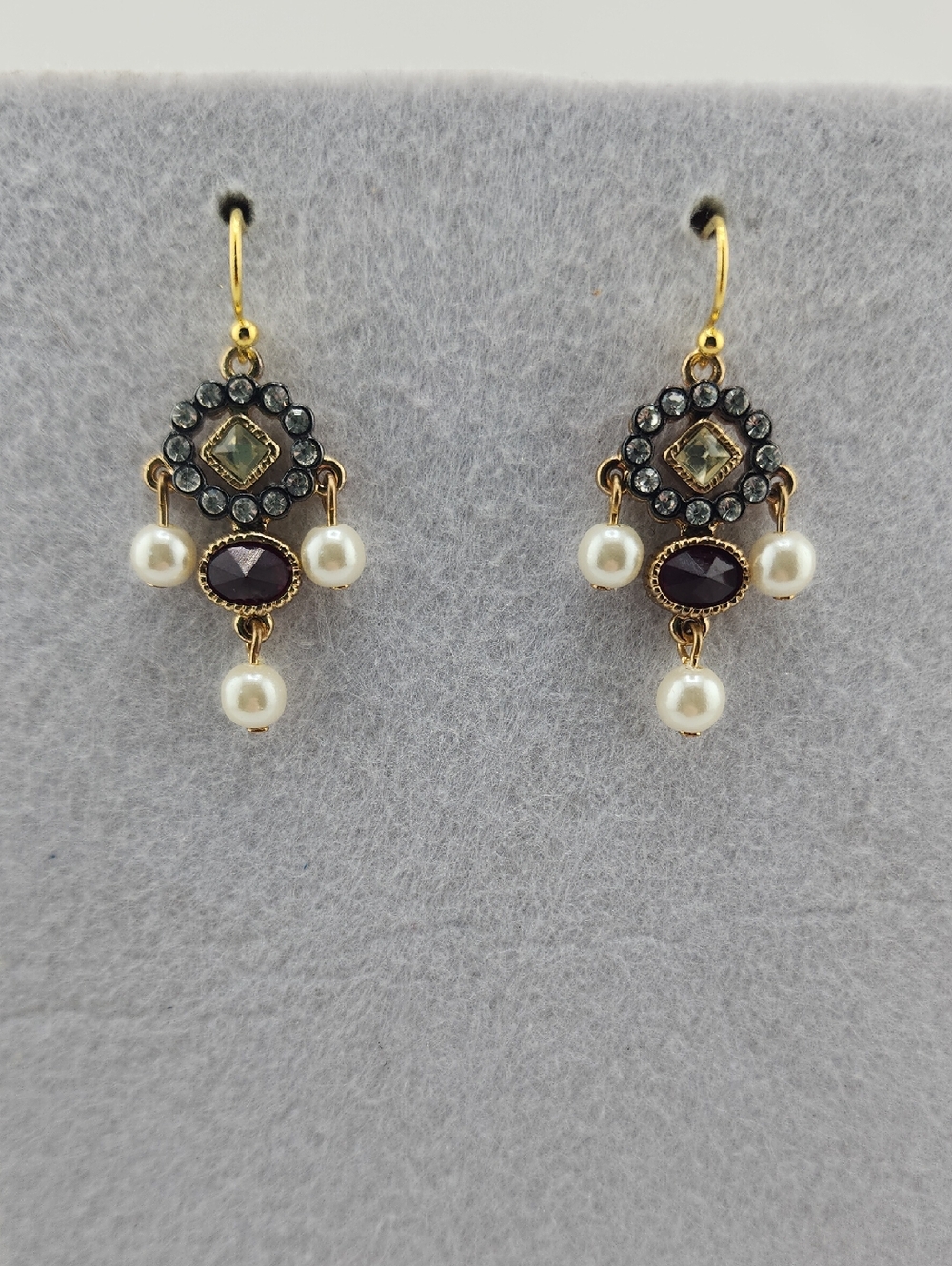 Gold-Tone Pearl and Garnet Drop Earrings with Crystal Halo